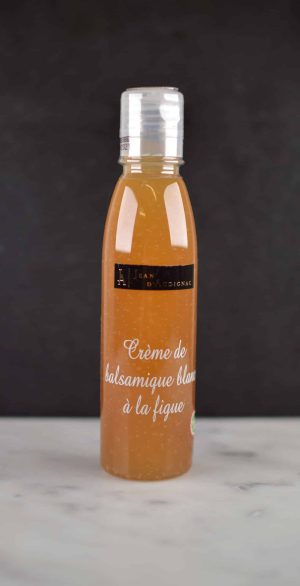 Hvit balsamicosirup med fikenpuré. Tykk, søt og god balsamico som passer til ost, jordbær, desserter, marinader og dressinger.