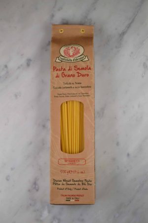 Spaghetti fra Rustichella d’Abruzzo. Dette er en utrolig allsidig pasta som kan brukes til nærmest alt.